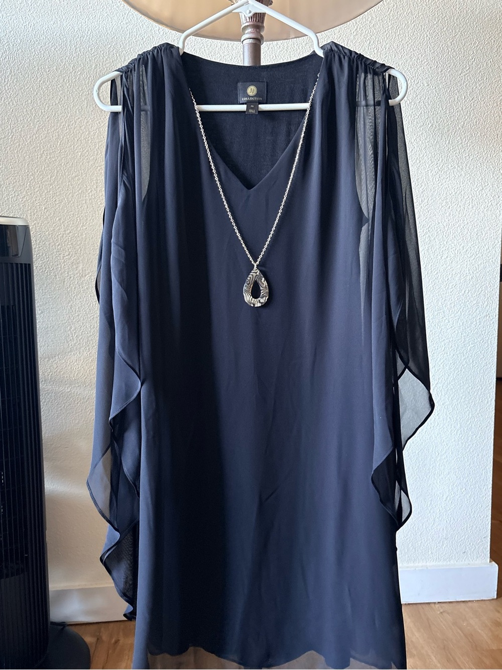 JM Collection Navy Chiffon Overlay Cape Dress with Necklace Size PS
